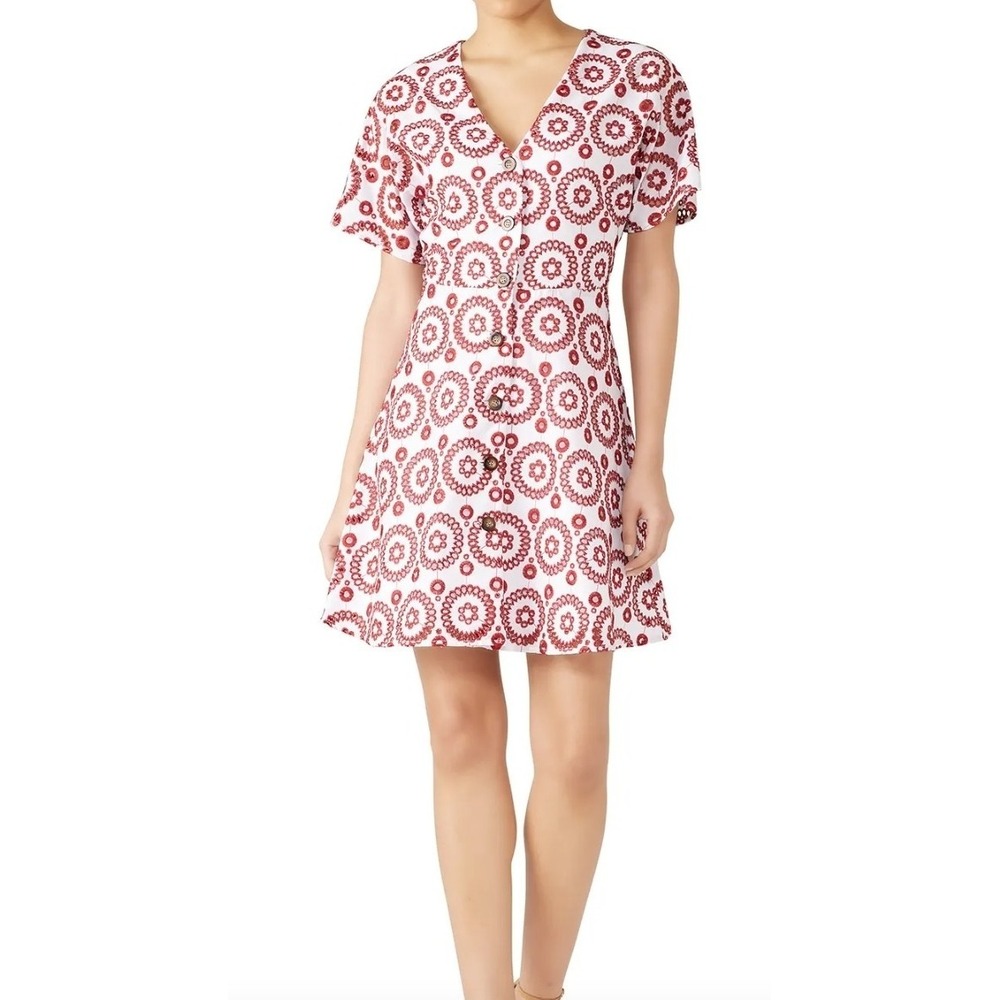 Waverly Grey Red White Eyelet Button Front Mini‎ Dress Short Sleeve Size S